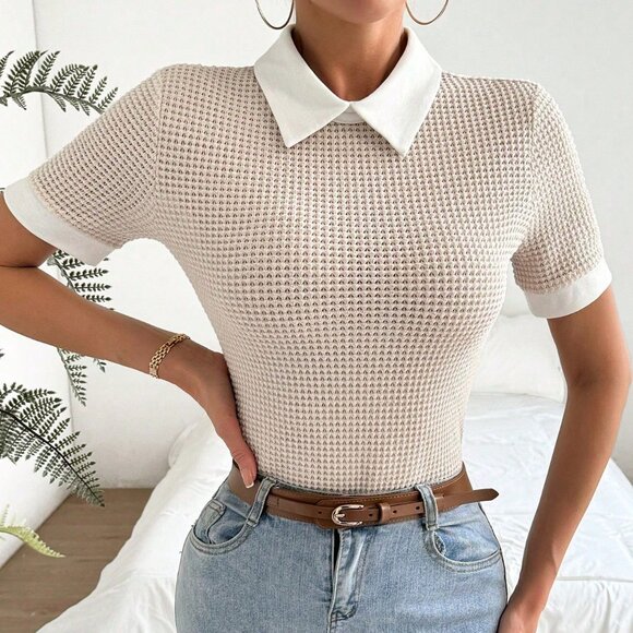 Apricot Casual Women's Contrast Color Turn-Down Collar Short Sleeve T-Shirt - Picture 6 of 8